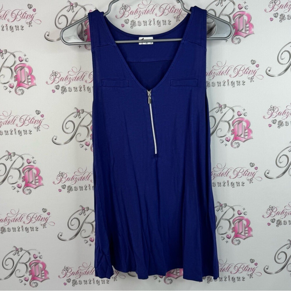 Thyme tank top half zip pleated detail royal Navy Blue Zippered Tank Top